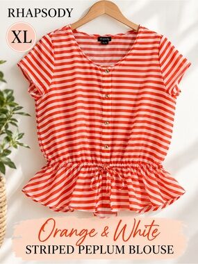 Rhapsody XL Orange White Striped Peplum Blouse Sheer Chiffon Top